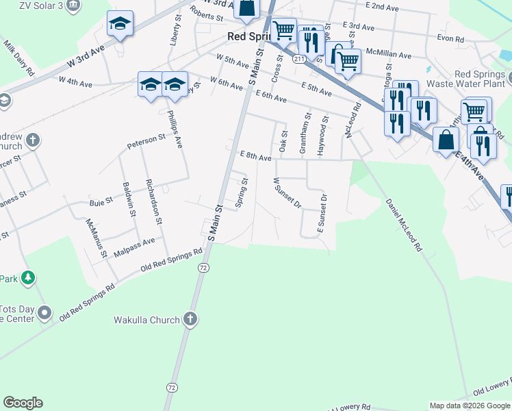 map of restaurants, bars, coffee shops, grocery stores, and more near 201 Warren Street in Red Springs