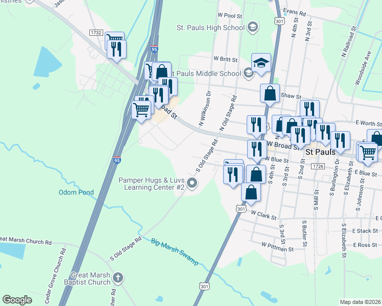 map of restaurants, bars, coffee shops, grocery stores, and more near 125 Duncan Circle in Saint Pauls