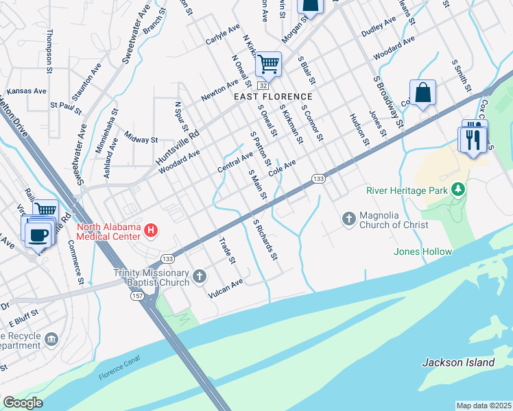 map of restaurants, bars, coffee shops, grocery stores, and more near 2169-2199 Veterans Drive in Florence