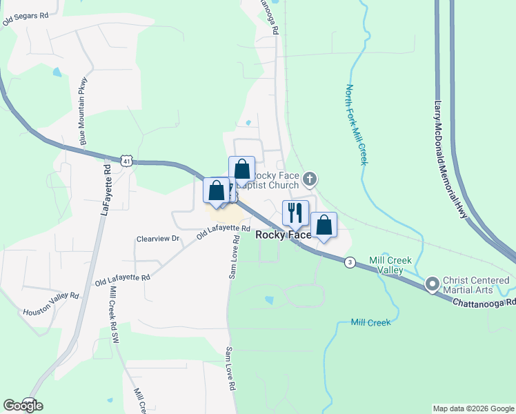 map of restaurants, bars, coffee shops, grocery stores, and more near 2682 Chattanooga Road in Rocky Face