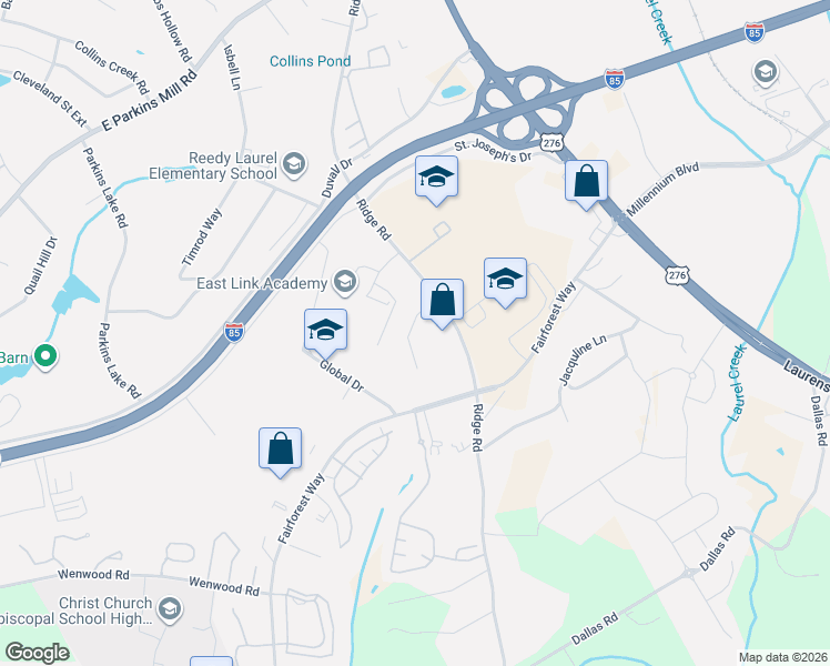 map of restaurants, bars, coffee shops, grocery stores, and more near 1280 Ridge Road in Greenville