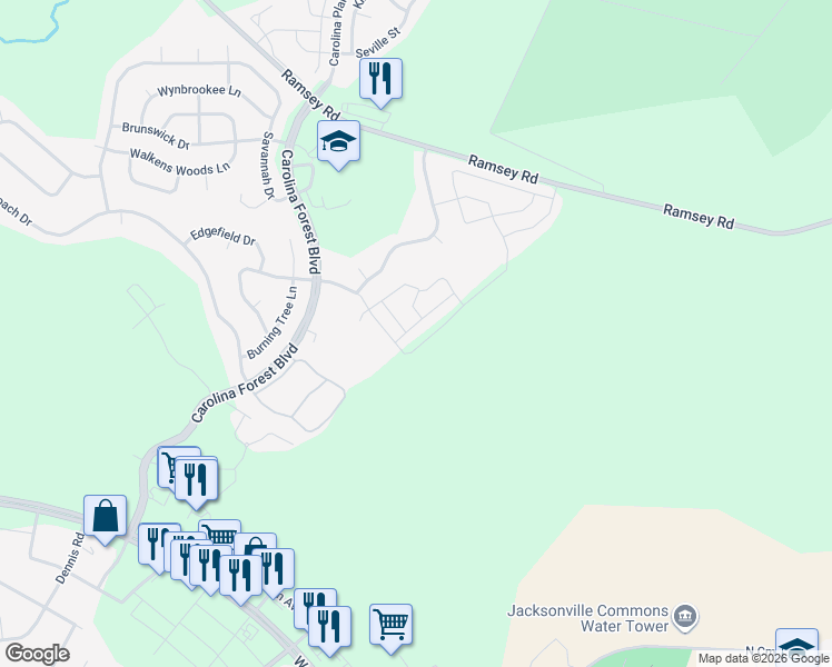 map of restaurants, bars, coffee shops, grocery stores, and more near 200 Streamwood Drive in Jacksonville