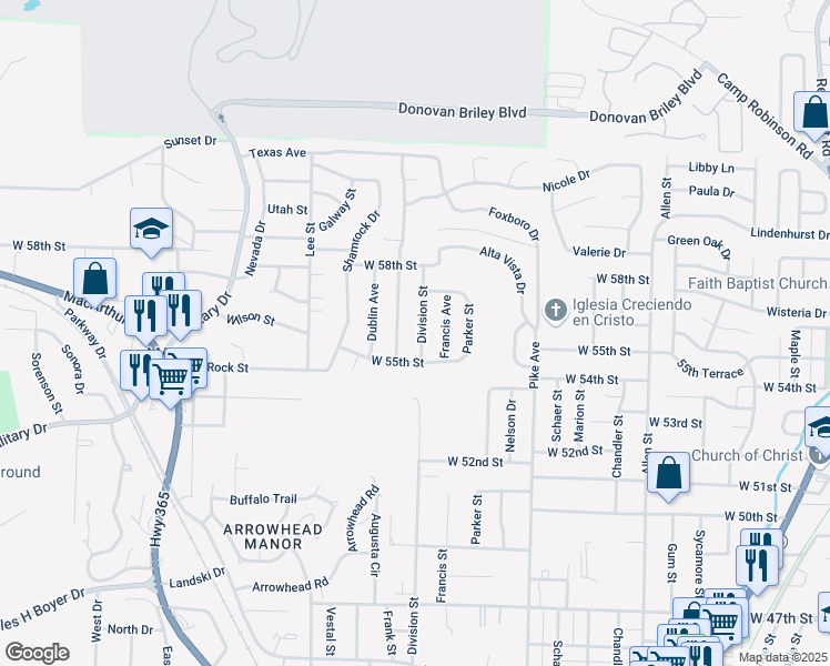 map of restaurants, bars, coffee shops, grocery stores, and more near 5504 Division Street in North Little Rock