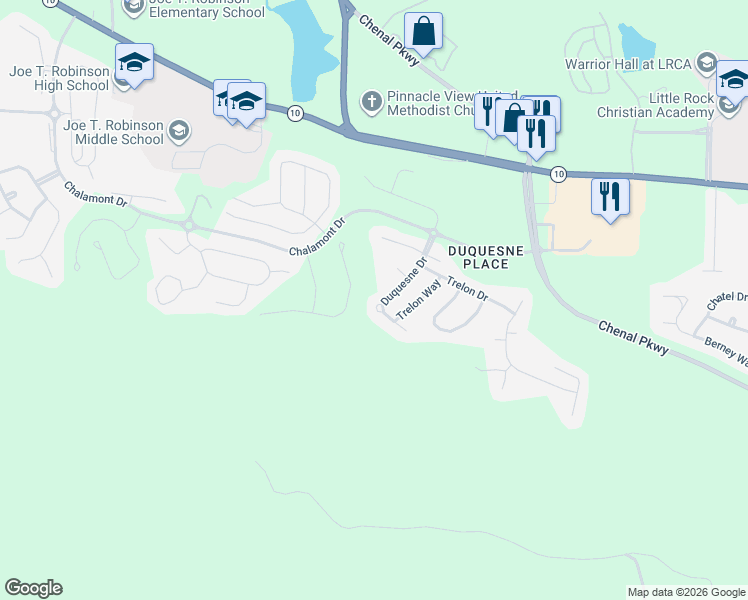 map of restaurants, bars, coffee shops, grocery stores, and more near 30 Duquesne Drive in Little Rock