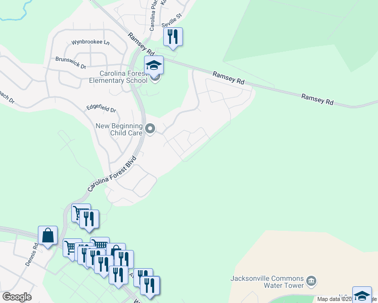 map of restaurants, bars, coffee shops, grocery stores, and more near 206 Streamwood Drive in Jacksonville