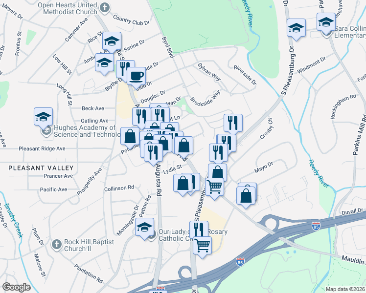 map of restaurants, bars, coffee shops, grocery stores, and more near 109 Mauldin Road in Greenville