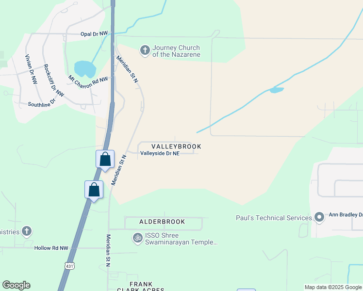 map of restaurants, bars, coffee shops, grocery stores, and more near 250 Valleyside Drive Northeast in Huntsville