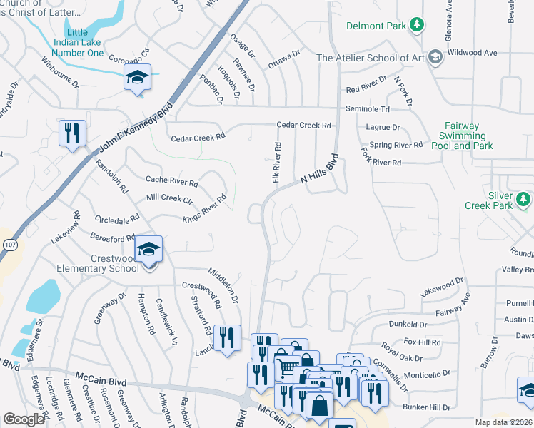 map of restaurants, bars, coffee shops, grocery stores, and more near 50 Dove Creek Circle in North Little Rock