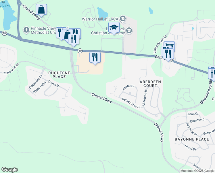 map of restaurants, bars, coffee shops, grocery stores, and more near 6 Berney Way Court in Little Rock