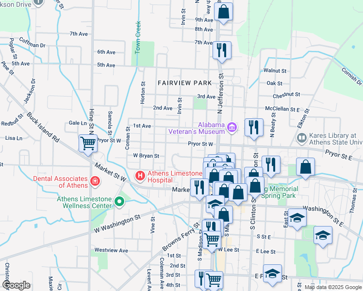 map of restaurants, bars, coffee shops, grocery stores, and more near 301 North Houston Street in Athens