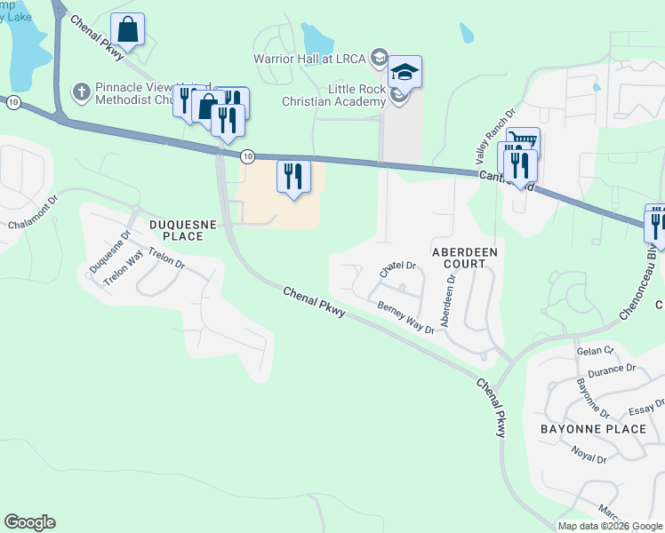 map of restaurants, bars, coffee shops, grocery stores, and more near 6 Berney Way Court in Little Rock