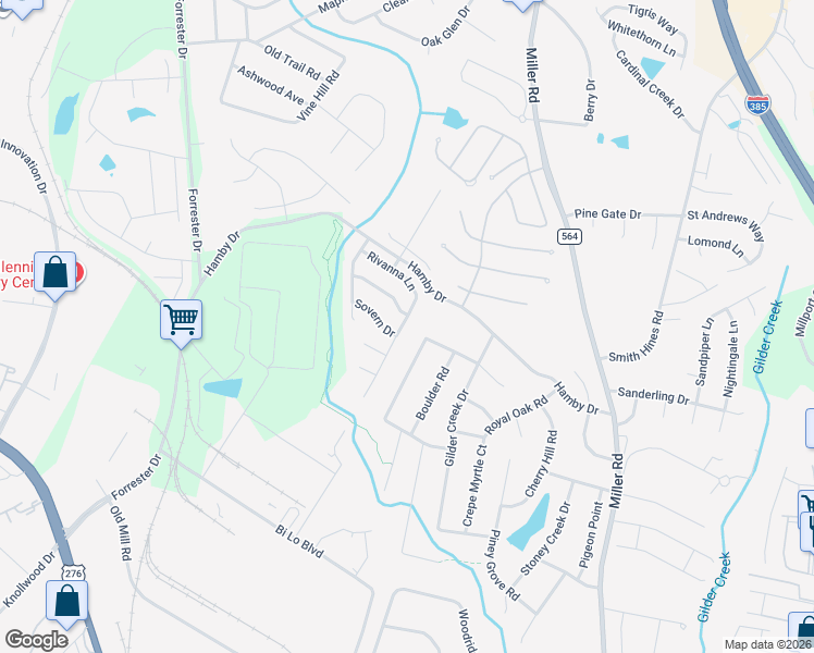 map of restaurants, bars, coffee shops, grocery stores, and more near 205 Rivanna Lane in Greenville
