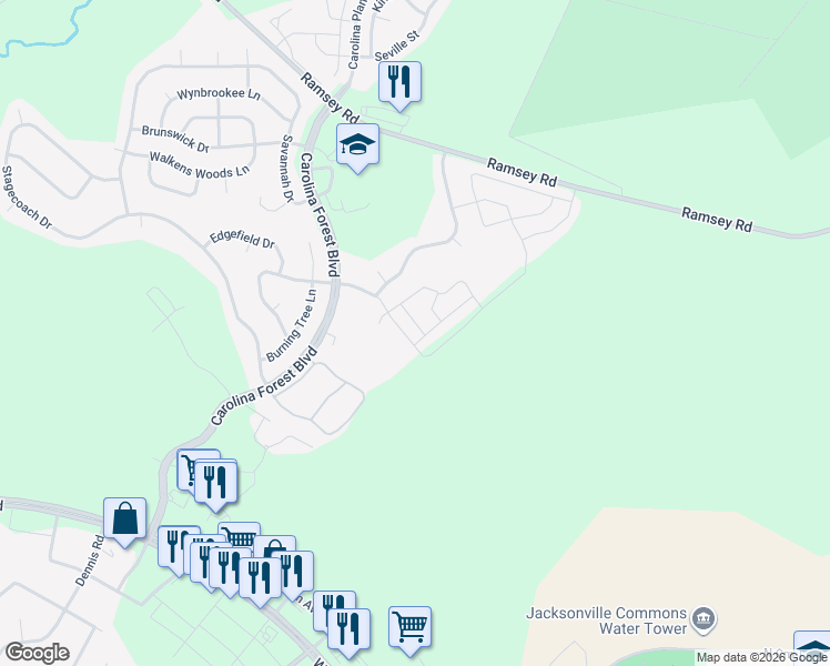 map of restaurants, bars, coffee shops, grocery stores, and more near 109 Bridgewood Drive in Jacksonville