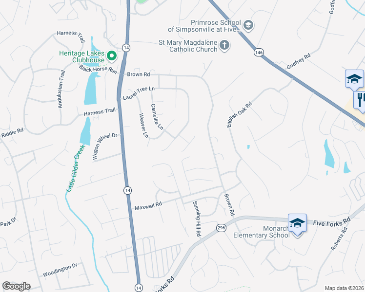 map of restaurants, bars, coffee shops, grocery stores, and more near 321 Joseph Fletcher Way in Simpsonville