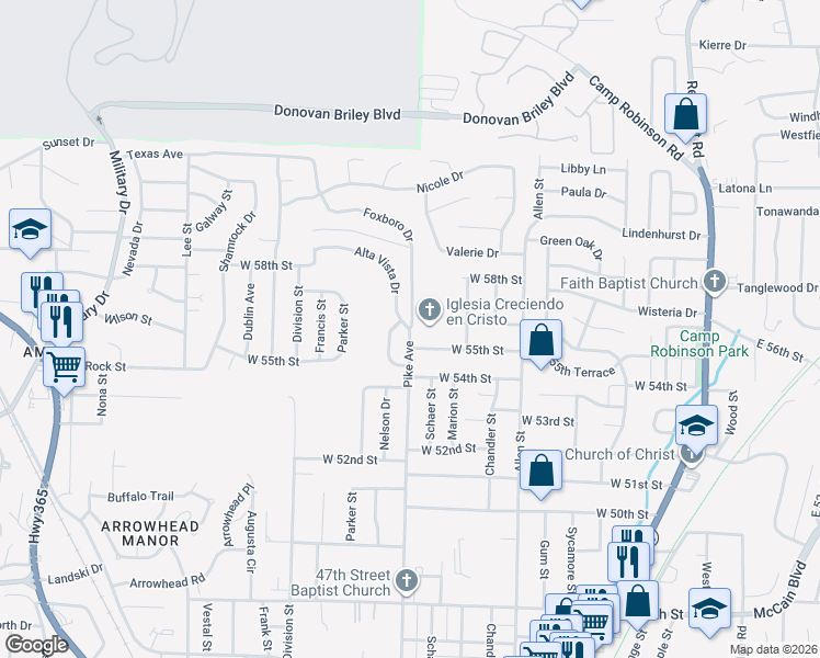 map of restaurants, bars, coffee shops, grocery stores, and more near Pike Ave & Foxboro Dr in North Little Rock