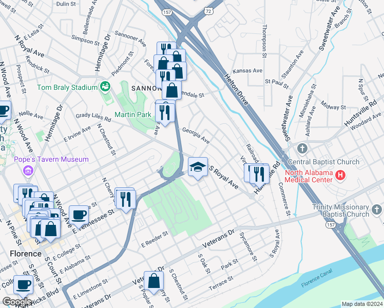 map of restaurants, bars, coffee shops, grocery stores, and more near 112 North Royal Avenue in Florence