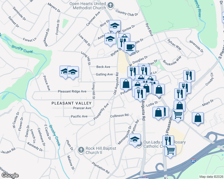 map of restaurants, bars, coffee shops, grocery stores, and more near 6 Prosperity Avenue in Greenville