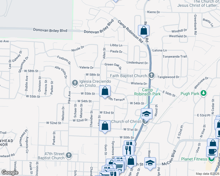 map of restaurants, bars, coffee shops, grocery stores, and more near 5501 Ridgewood Drive in North Little Rock