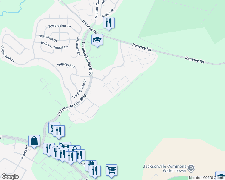 map of restaurants, bars, coffee shops, grocery stores, and more near 109 Bridgewood Drive in Jacksonville