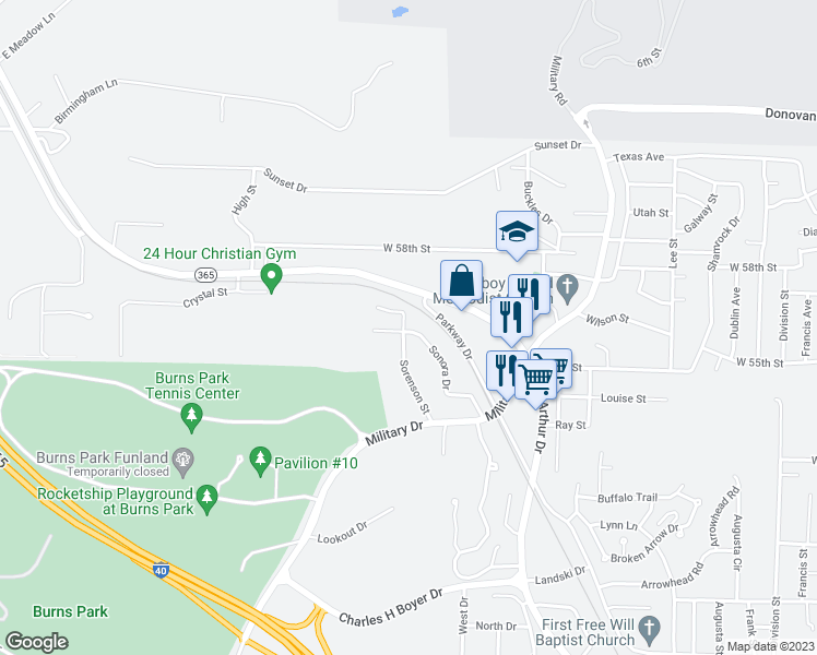 map of restaurants, bars, coffee shops, grocery stores, and more near 5728 Sonora Drive in North Little Rock