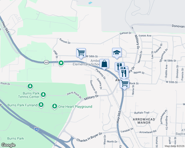 map of restaurants, bars, coffee shops, grocery stores, and more near 5724 Sonora Drive in North Little Rock