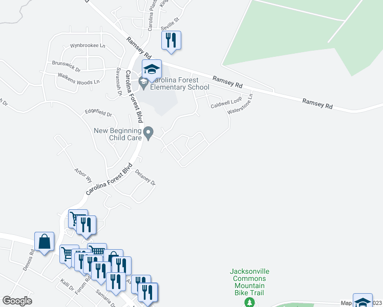 map of restaurants, bars, coffee shops, grocery stores, and more near 310 Streamwood Drive in Jacksonville