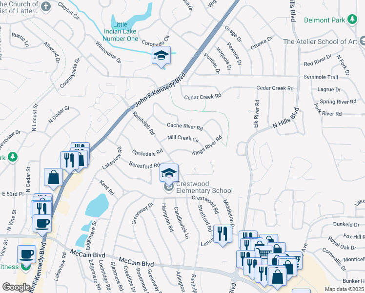 map of restaurants, bars, coffee shops, grocery stores, and more near 1913 Mill Creek Circle in North Little Rock