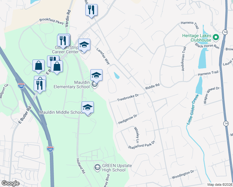 map of restaurants, bars, coffee shops, grocery stores, and more near 319 Surrywood Drive in Greenville