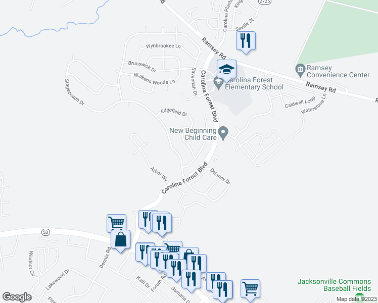 map of restaurants, bars, coffee shops, grocery stores, and more near 105 Cypress Bay Drive in Jacksonville