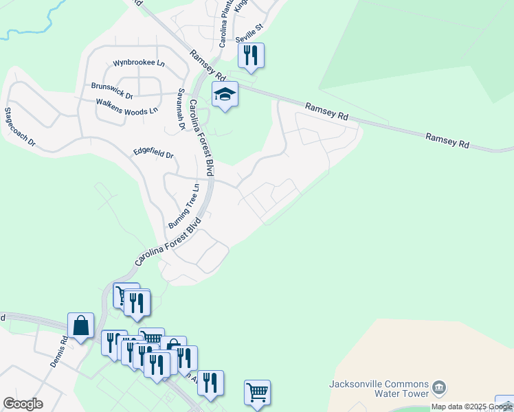 map of restaurants, bars, coffee shops, grocery stores, and more near 203 Bridgewood Drive in Jacksonville