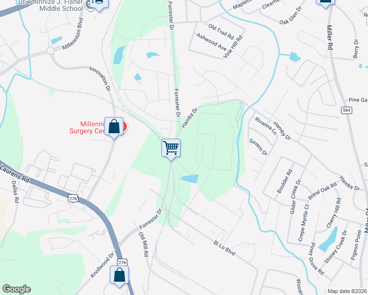 map of restaurants, bars, coffee shops, grocery stores, and more near 220 Forrester Drive in Greenville