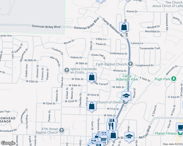 map of restaurants, bars, coffee shops, grocery stores, and more near 5609 Granby Road in North Little Rock