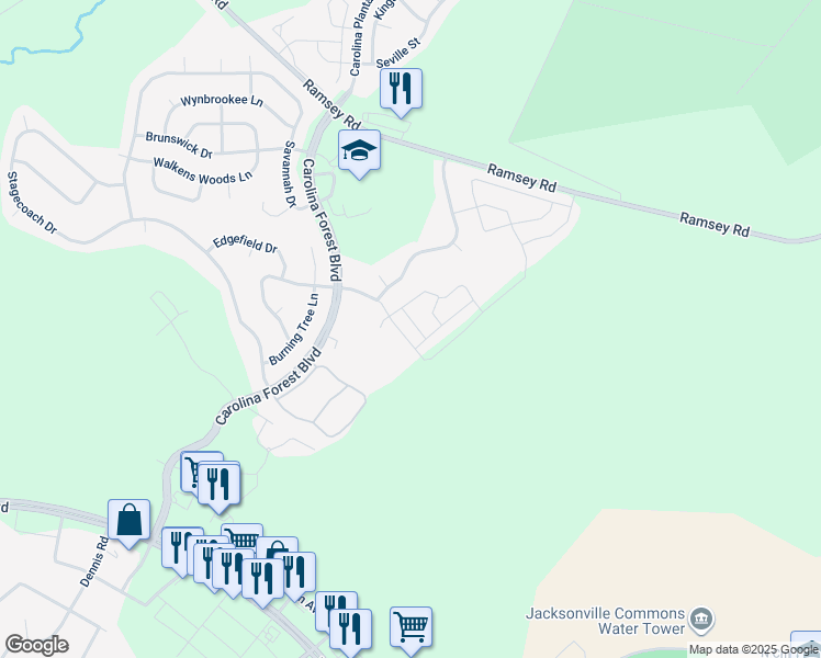 map of restaurants, bars, coffee shops, grocery stores, and more near 205 Bridgewood Drive in Jacksonville