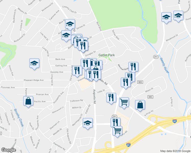 map of restaurants, bars, coffee shops, grocery stores, and more near 0 Mauldin Road in Greenville