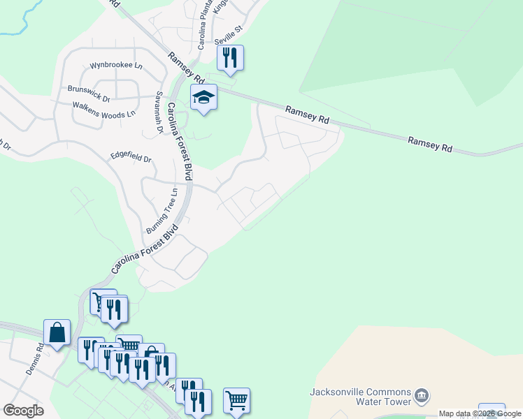 map of restaurants, bars, coffee shops, grocery stores, and more near 404 Streamwood Drive in Jacksonville