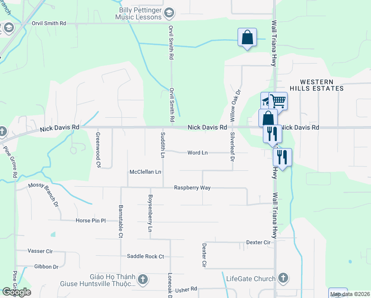 map of restaurants, bars, coffee shops, grocery stores, and more near 107 Word Lane in Harvest