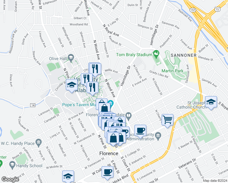 map of restaurants, bars, coffee shops, grocery stores, and more near 604 North Wood Avenue in Florence