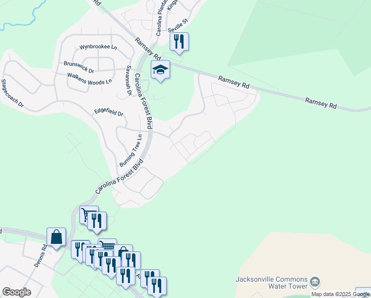 map of restaurants, bars, coffee shops, grocery stores, and more near Bridgewood Drive in Jacksonville