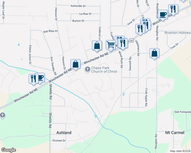 map of restaurants, bars, coffee shops, grocery stores, and more near 1640 Winchester Road Northeast in Huntsville