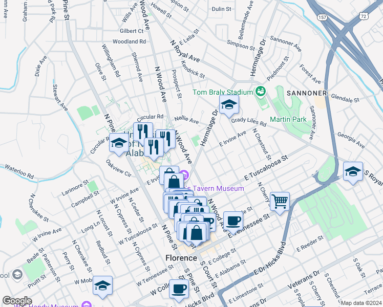 map of restaurants, bars, coffee shops, grocery stores, and more near 618 North Wood Avenue in Florence