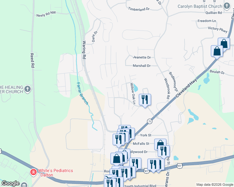map of restaurants, bars, coffee shops, grocery stores, and more near 899 Grand Summit Drive in Dalton
