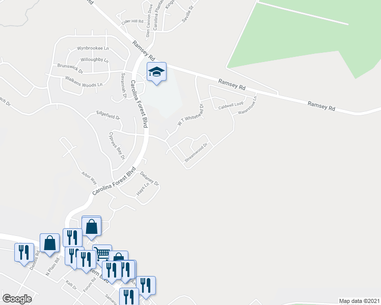 map of restaurants, bars, coffee shops, grocery stores, and more near 105 Ashwood Drive in Jacksonville