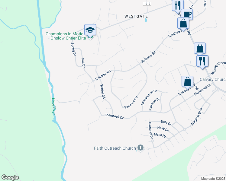 map of restaurants, bars, coffee shops, grocery stores, and more near 121 Raintree Circle in Jacksonville