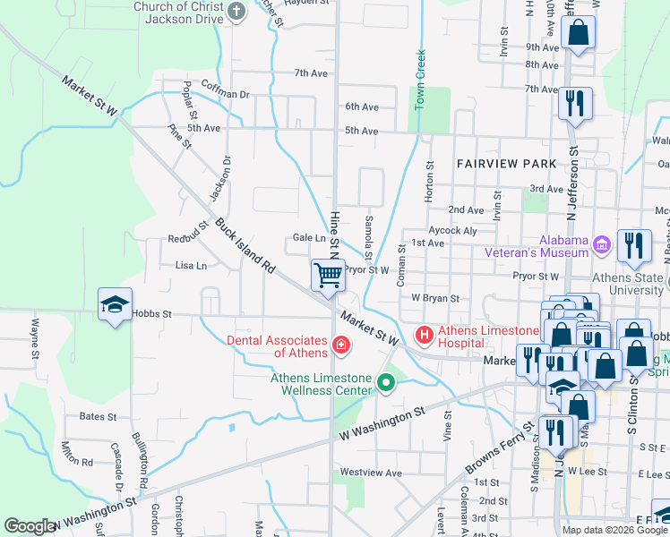 map of restaurants, bars, coffee shops, grocery stores, and more near 1201 Pryor Street West in Athens