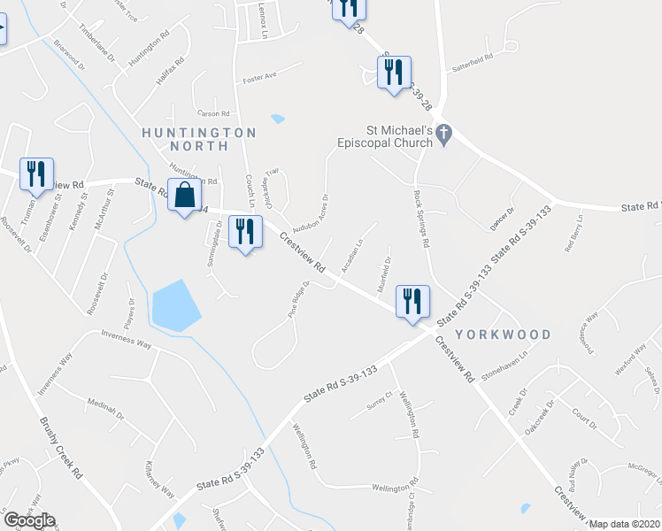 map of restaurants, bars, coffee shops, grocery stores, and more near 1205 Crestview Road in Easley