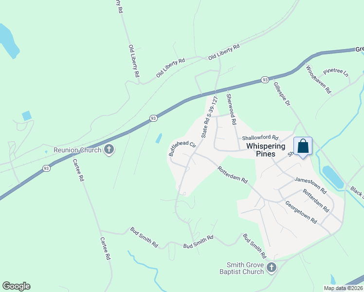 map of restaurants, bars, coffee shops, grocery stores, and more near 128 Bufflehead Circle in Liberty