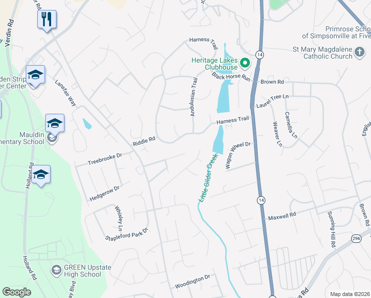 map of restaurants, bars, coffee shops, grocery stores, and more near 205 Harness Trail in Simpsonville