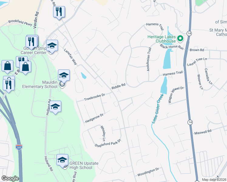 map of restaurants, bars, coffee shops, grocery stores, and more near 5 Anson Court in Simpsonville