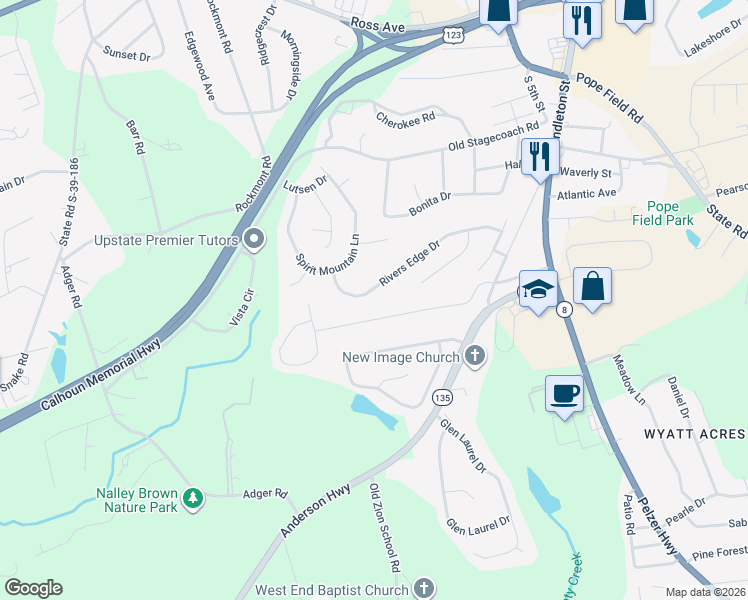 map of restaurants, bars, coffee shops, grocery stores, and more near 277 Rivers Edge Drive in Easley