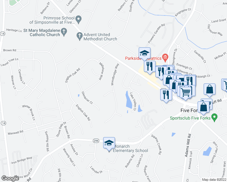 map of restaurants, bars, coffee shops, grocery stores, and more near 199 Chantemar Court in Simpsonville